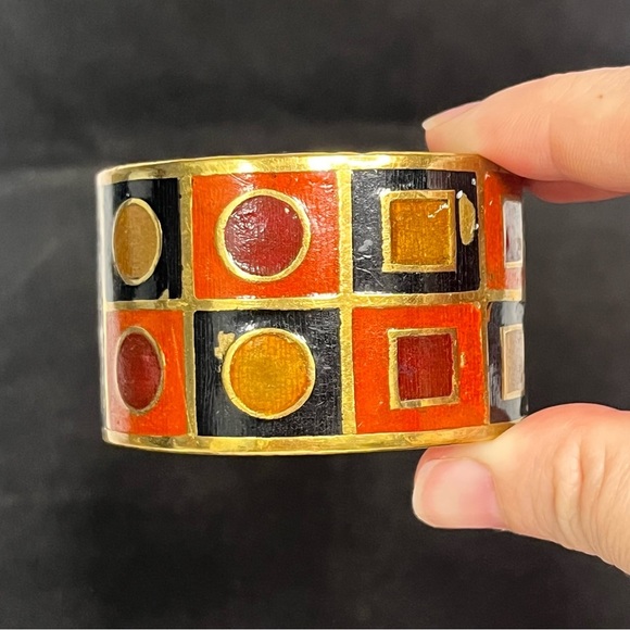 vintage brass cuff bracelet eameled 60s 70 pop design 1.5 inch thick orange red - Picture 9 of 12